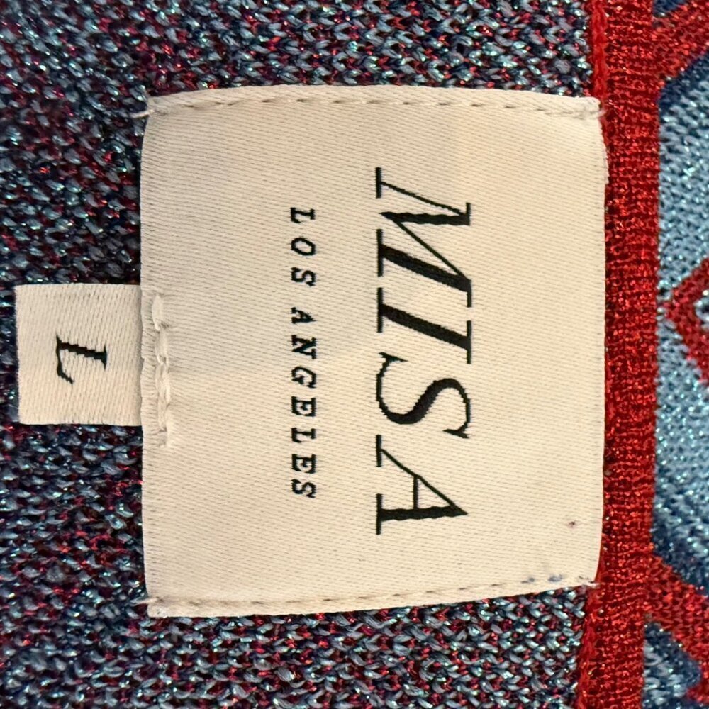 MISA LOS ANGELES DRESS Knit Halter Midi Red & Blue Metallic Sz L - Picture 3 of 13